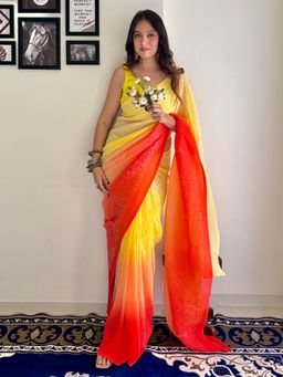 Akhilam - Women's Georgette Yellow Embellished Designer Saree with Unstitched Blouse