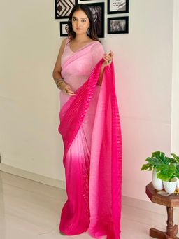 Akhilam - Women's Georgette Pink Embellished Designer Saree with Unstitched Blouse