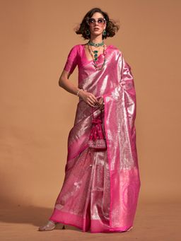Akhilam - Women's Kanjeevaram Silk Pink Woven Designer Saree with Unstitched Blouse