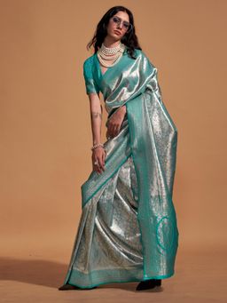 Akhilam - Women's Kanjeevaram Silk Light Blue Woven Designer Saree with Unstitched Blouse