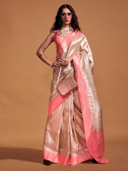 Akhilam - Women's Kanjeevaram Silk Cream Woven Designer Saree with Unstitched Blouse