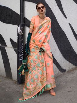 Akhilam - Women's Cotton Blend Peach Woven Designer Saree with Unstitched Blouse