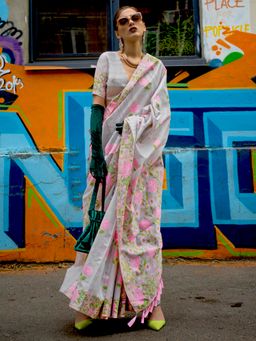 Akhilam - Women's Cotton Blend Grey Woven Designer Saree with Unstitched Blouse