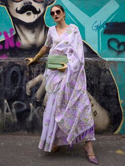 Akhilam - Women's Cotton Blend Lavender Woven Designer Saree with Unstitched Blouse