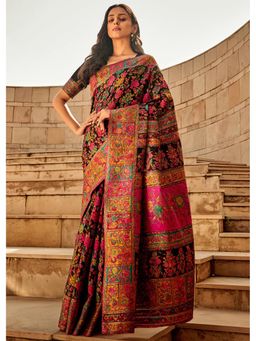 Akhilam - Women's Cotton Silk Black Woven Designer Saree with Unstitched Blouse