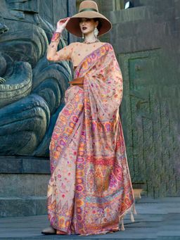 Akhilam - Women's Organza Cream Woven Designer Saree with Unstitched Blouse