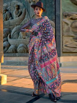 Akhilam - Women's Organza Grey Woven Designer Saree with Unstitched Blouse