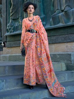 Akhilam - Women's Organza Peach Woven Designer Saree with Unstitched Blouse