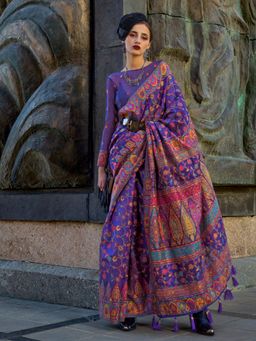 Akhilam - Women's Organza Purple Woven Designer Saree with Unstitched Blouse