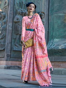 Akhilam - Women's Organza Pink Woven Designer Saree with Unstitched Blouse