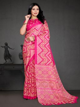 Akhilam - Women's Dola Silk Pink Printed Designer Saree with Unstitched Blouse