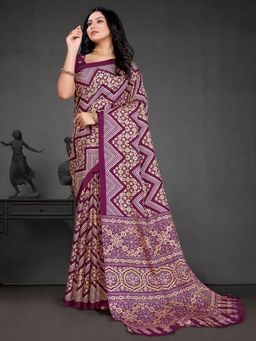 Akhilam - Women's Dola Silk Purple Printed Designer Saree with Unstitched Blouse