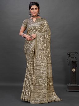 Akhilam - Women's Dola Silk Olive Printed Designer Saree with Unstitched Blouse