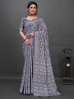 Akhilam - Women's Dola Silk Grey Printed Designer Saree with Unstitched Blouse