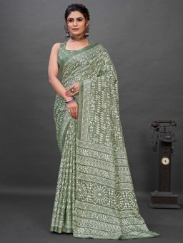 Akhilam - Women's Dola Silk Sea Green Printed Designer Saree with Unstitched Blouse