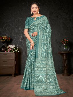 Akhilam - Women's Dola Silk Sea Green Printed Designer Saree with Unstitched Blouse