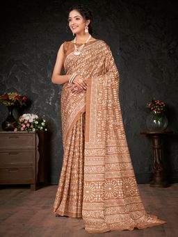 Akhilam - Women's Dola Silk Camel Brown Printed Designer Saree with Unstitched Blouse