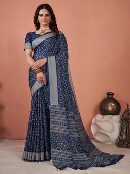 Akhilam - Women's Dola Silk Navy Blue Floral Designer Saree with Unstitched Blouse