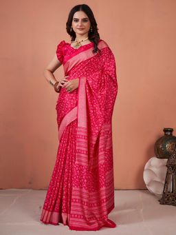Akhilam - Women's Dola Silk Pink Floral Designer Saree with Unstitched Blouse