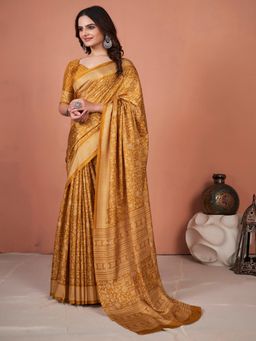 Akhilam - Women's Dola Silk Mustard Printed Designer Saree with Unstitched Blouse