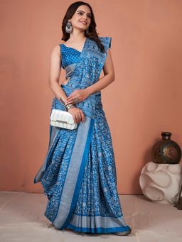 Akhilam - Women's Dola Silk Light Blue Printed Designer Saree with Unstitched Blouse