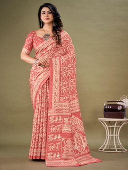 Akhilam - Women's Dola Silk Peach Printed Designer Saree with Unstitched Blouse