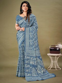 Akhilam - Women's Dola Silk Blue Printed Designer Saree with Unstitched Blouse