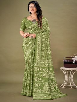 Akhilam - Women's Dola Silk Light Green Printed Designer Saree with Unstitched Blouse