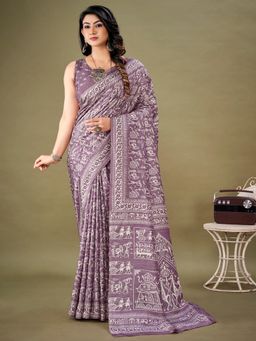 Akhilam - Women's Dola Silk Mauve Printed Designer Saree with Unstitched Blouse