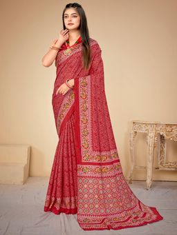 Akhilam - Women's Dola Silk Red Floral Designer Saree with Unstitched Blouse