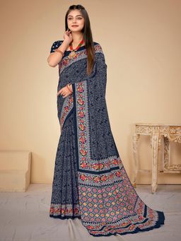 Akhilam - Women's Dola Silk Navy Blue Floral Designer Saree with Unstitched Blouse