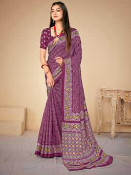Akhilam - Women's Dola Silk Purple Floral Designer Saree with Unstitched Blouse