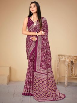 Akhilam - Women's Dola Silk Magenta Printed Designer Saree with Unstitched Blouse