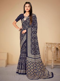 Akhilam - Women's Dola Silk Navy Blue Printed Designer Saree with Unstitched Blouse