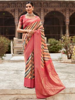 Akhilam - Women's Satin Silk Multi-Color Woven Designer Saree with Unstitched Blouse