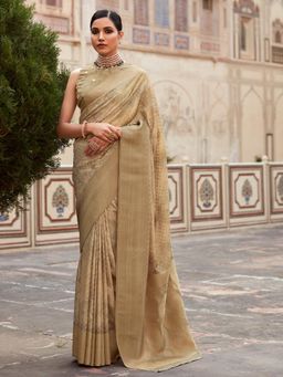 Akhilam - Women's Satin Silk Beige Woven Designer Saree with Unstitched Blouse