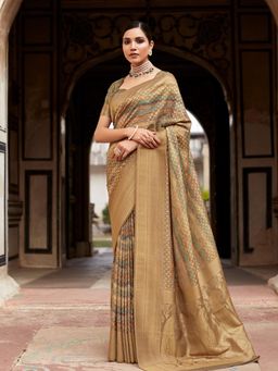 Akhilam - Women's Satin Silk Brown Woven Designer Saree with Unstitched Blouse