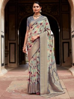 Akhilam - Women's Satin Silk Green Woven Designer Saree with Unstitched Blouse
