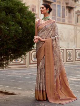 Akhilam - Women's Satin Silk Beige Woven Designer Saree with Unstitched Blouse