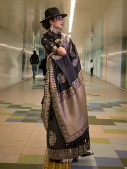 Akhilam - Women's Silk Blend Black Woven Designer Saree with Unstitched Blouse
