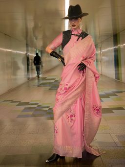 Akhilam - Women's Silk Blend Pink Woven Designer Saree with Unstitched Blouse