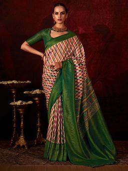Akhilam - Women's Silk Blend Beige Woven Designer Saree with Unstitched Blouse