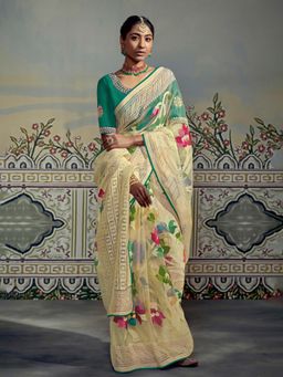 Akhilam - Women's Brasso Yellow Floral Designer Saree with Unstitched Blouse
