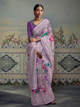 Akhilam - Women's Brasso Mauve Floral Designer Saree with Unstitched Blouse