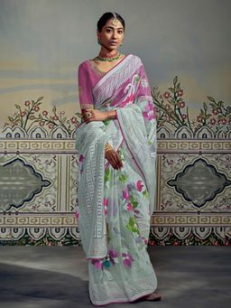 Akhilam - Women's Brasso Grey Floral Designer Saree with Unstitched Blouse
