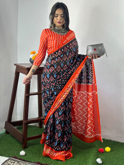 Akhilam - Women's Cotton Black Printed Designer Saree with Unstitched Blouse