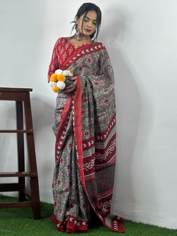 Akhilam - Women's Cotton Grey Printed Designer Saree with Unstitched Blouse