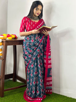 Akhilam - Women's Cotton Teal Blue Printed Designer Saree with Unstitched Blouse