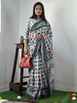 Akhilam - Women's Cotton White Printed Designer Saree with Unstitched Blouse