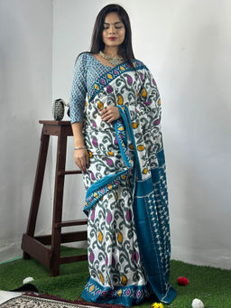Akhilam - Women's Cotton White Printed Designer Saree with Unstitched Blouse